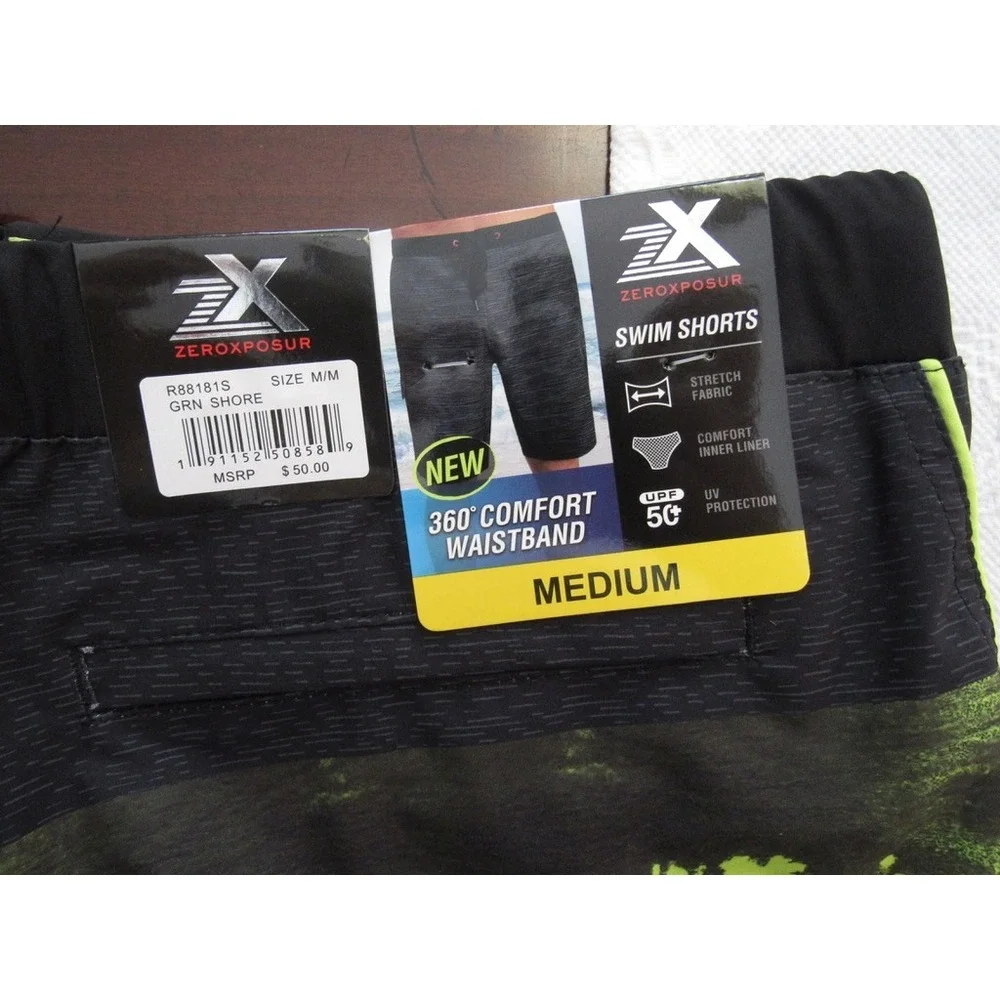 ZeroXposur Mens Swim Trunks Medium Green Black Stretch Board Shorts NWT